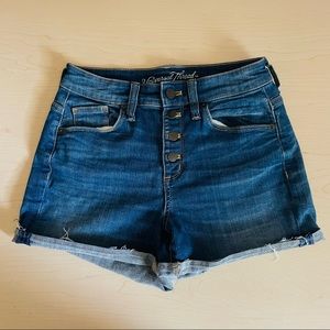 High Rise Midi Blue Denim Shorts | Size 2/26R | Rolled Frayed Hem